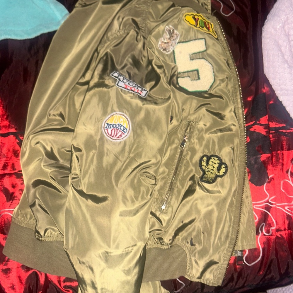 Kids Olive Green Bomber Jacket with Patches